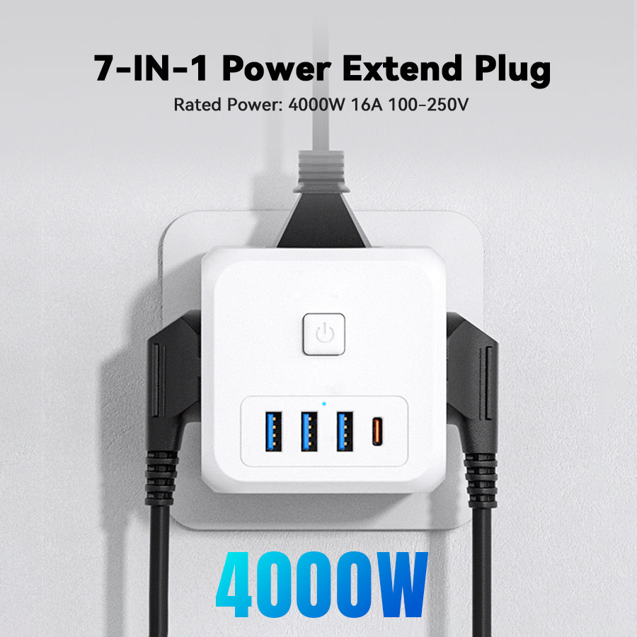 ESSAGER 7-in-1 EU Plug Wall Socket Extender with 3 AC Outlets 3 USB+1 Type C Adapter