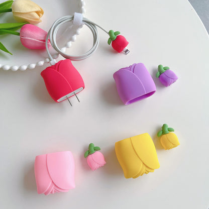 Tulip Series For iPhone 18W / 20W Wall Charger Silicone Protective Case Set with Charging Cable Protector