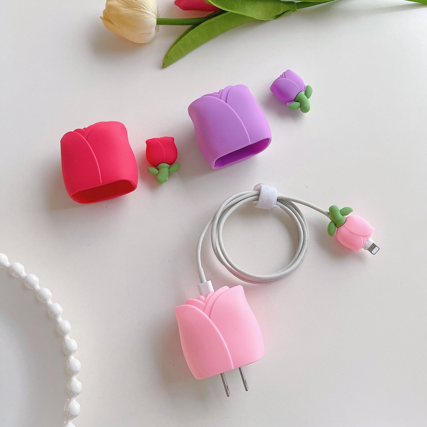 Tulip Series For iPhone 18W / 20W Wall Charger Silicone Protective Case Set with Charging Cable Protector