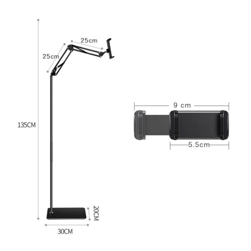 Phone Floor Stand 135cm Adjustable 360-degree Rotatable Metal+ABS Phone Holder for 5.5-9cm Width Devices