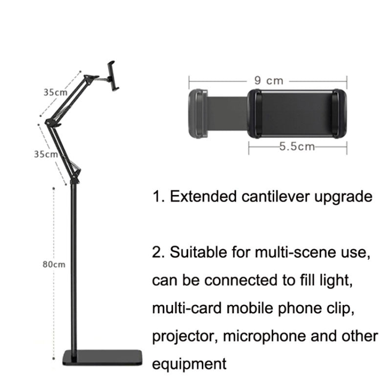 Phone Overhead Stand 155cm Adjustable Floor Stand Metal+ABS Phone Mount for 5.5-9cm Width Devices