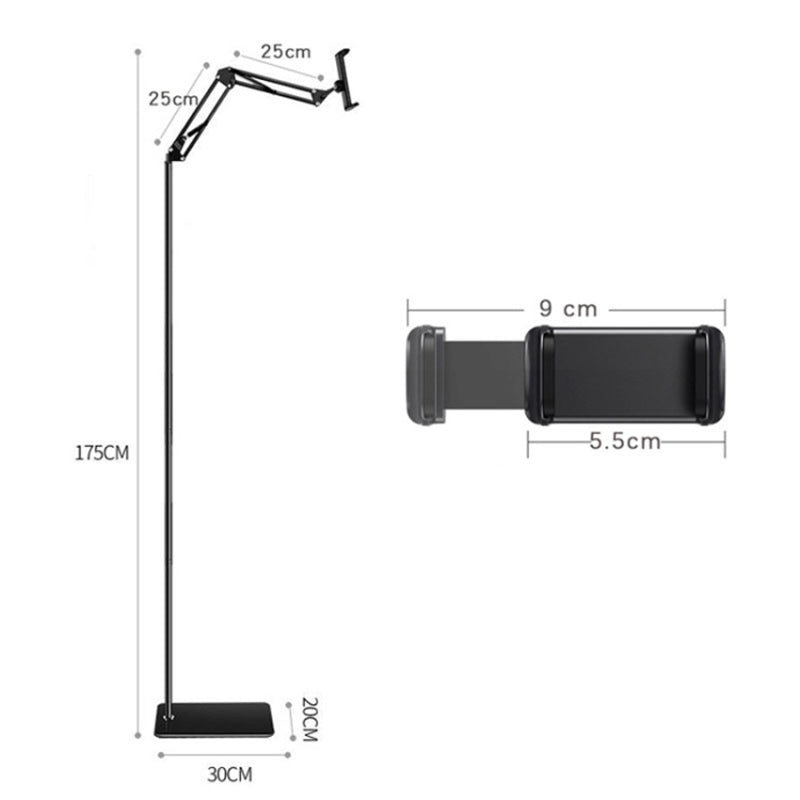 Cell Phone Floor Stand 175cm Adjustable Arm Stretchable Metal+ABS Phone Mount Holder for 5.5-9cm Width Devices