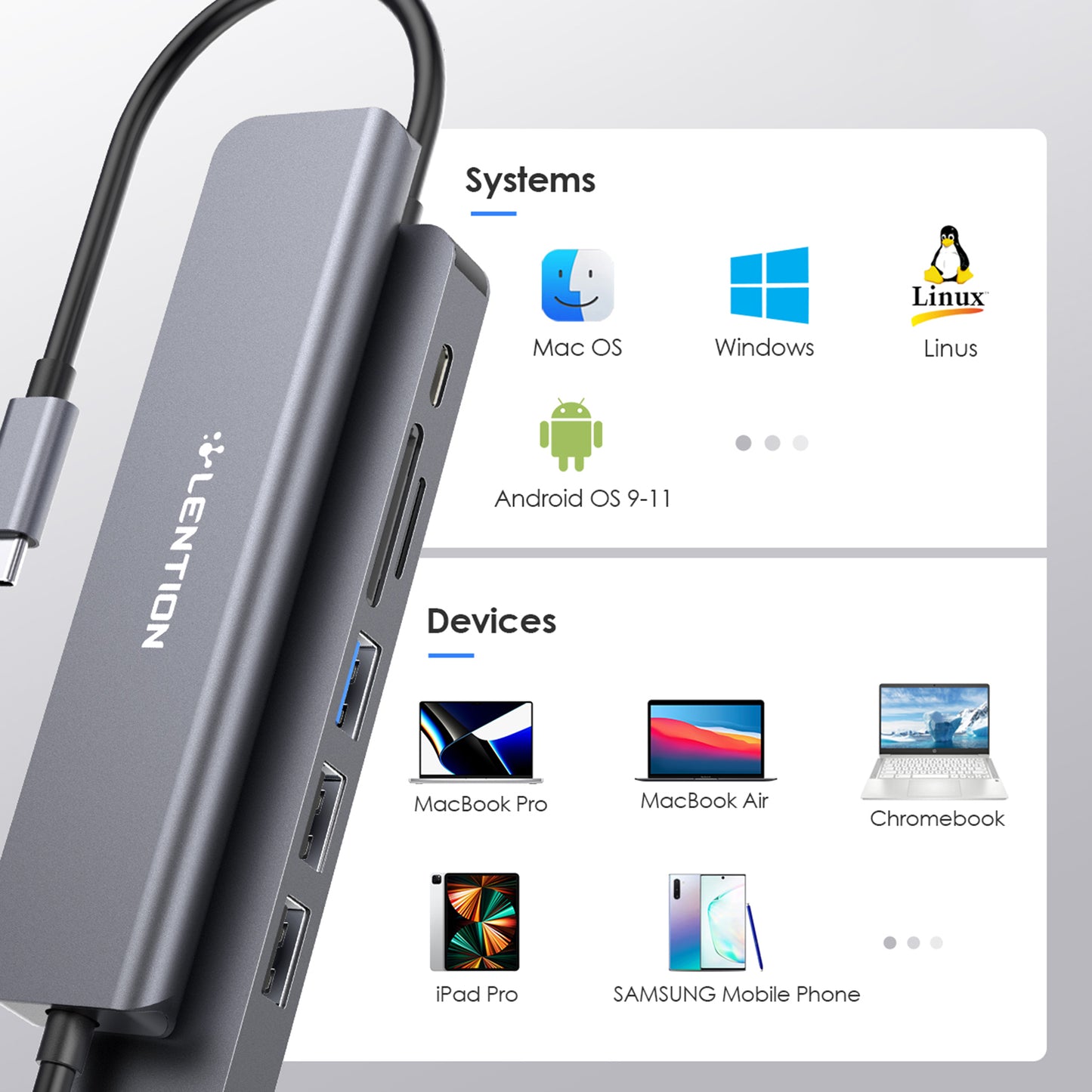 LENTION CE18HCR Cloud Ala Series Portable USB Hub Adapter Type-C Docking Station with USB+HD 4K / 30Hz+SD / TF+PD 100W