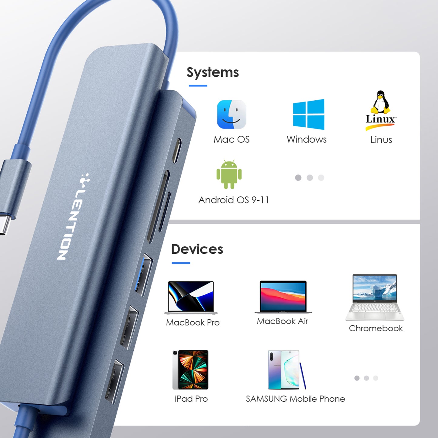 LENTION CE18HCR Cloud Ala Series Portable USB Hub Adapter Type-C Docking Station with USB+HD 4K / 30Hz+SD / TF+PD 100W