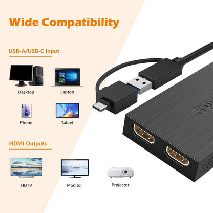 WAVLINK UG7602HC Portable USB3.0 / USB-C to Dual HD Display Adapter 4K Expansion Graphics Card Sync Screen Expander