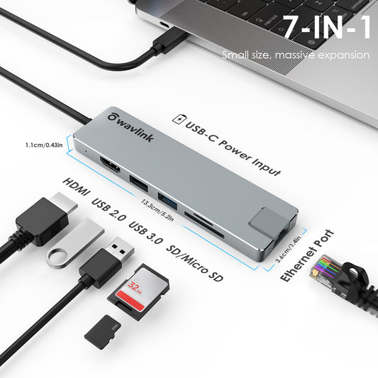 WAVLINK UHP3409 7-in-1 Type-C PC HUB Converter USB-C Docking Station with HD 4K / 30Hz, PD 100W, SD / TF Card Slot