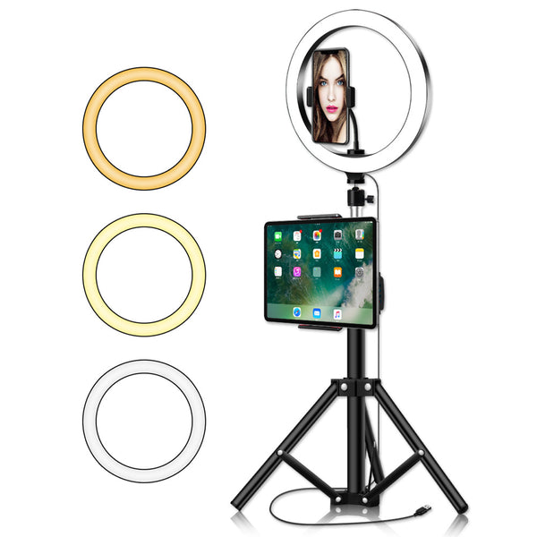 YINGNUOST 26cm Dimmable LED Ring Light ABS+PC Selfie Fill Light with 2.1m Tripod Stand for Makeup Video Recording
