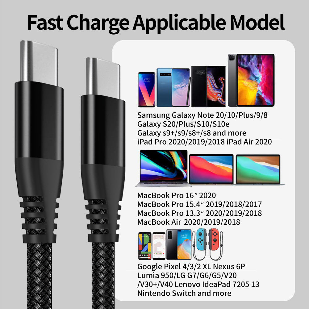 3m Type-C to Type-C PD 60W Charging Cable Nylon Braided USB2.0 Data Cable for Cell Phones, Tablets, Laptops