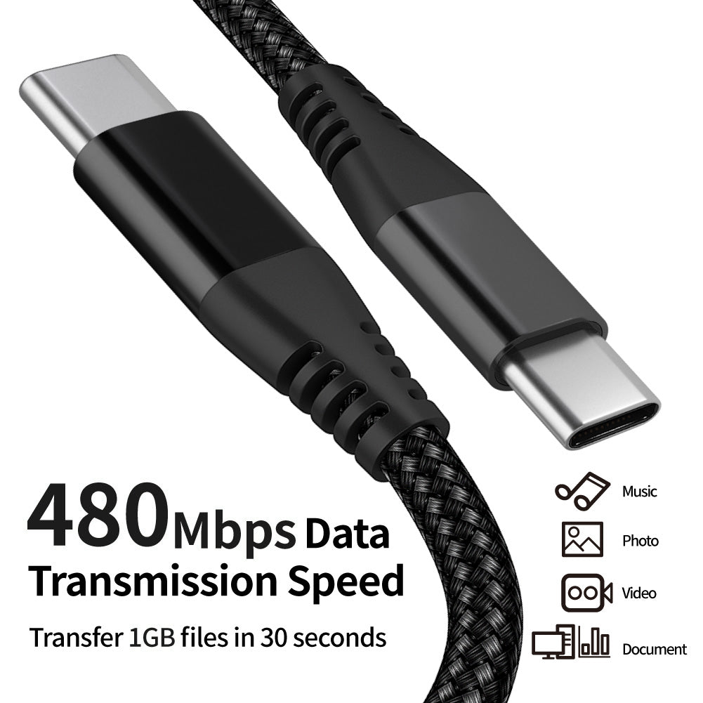 3m Type-C to Type-C PD 60W Charging Cable Nylon Braided USB2.0 Data Cable for Cell Phones, Tablets, Laptops