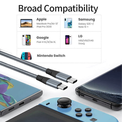 1m Nylon Braided PD 60W Charging Cable Type-C to Type-C USB2.0 Data Cable for Cell Phones, Tablets, Laptops