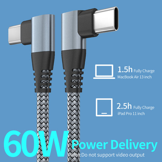 Dual Angled Type-C PD 60W Fast Charging Cord 3m Nylon Braided USB2.0 Charging Data Cable for Cell Phones, Tablets, Laptops