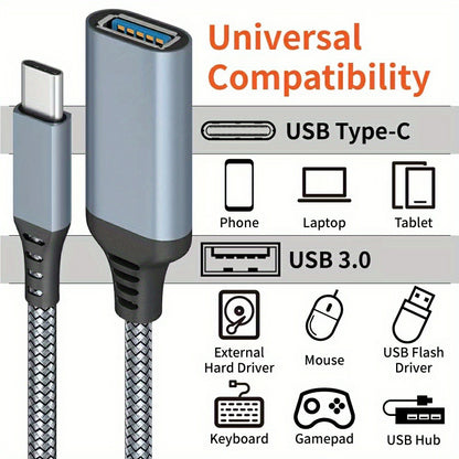 Type-C to USB3.0 OTG Adapter Cable 20cm Nylon Braided USB-C Converter for Mobile Phones, Tablets, Laptops