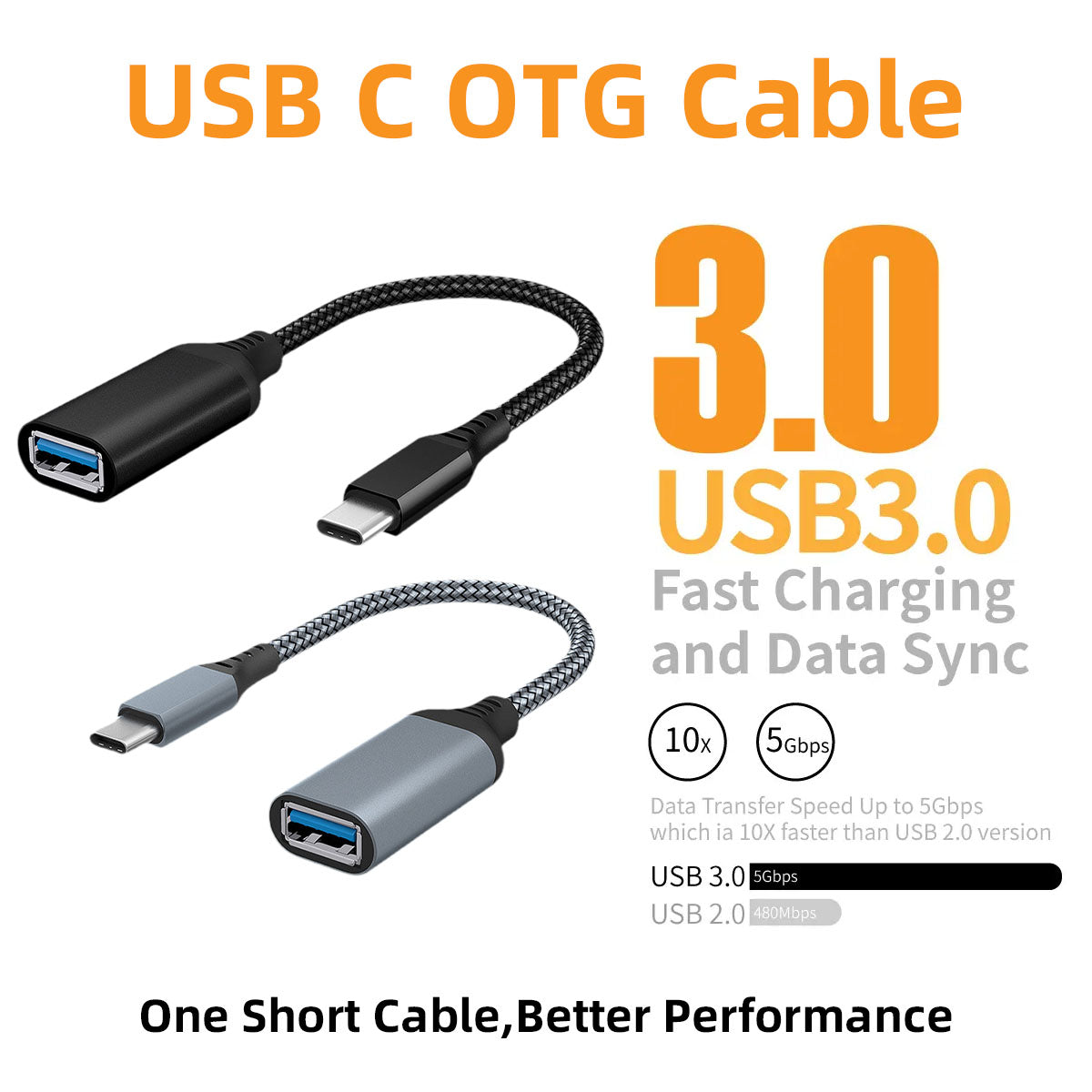 Type-C to USB3.0 OTG Adapter Cable 20cm Nylon Braided USB-C Converter for Mobile Phones, Tablets, Laptops