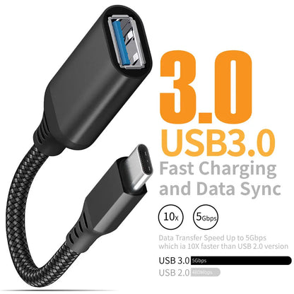 Type-C to USB3.0 OTG Adapter Cable 20cm Nylon Braided USB-C Converter for Mobile Phones, Tablets, Laptops