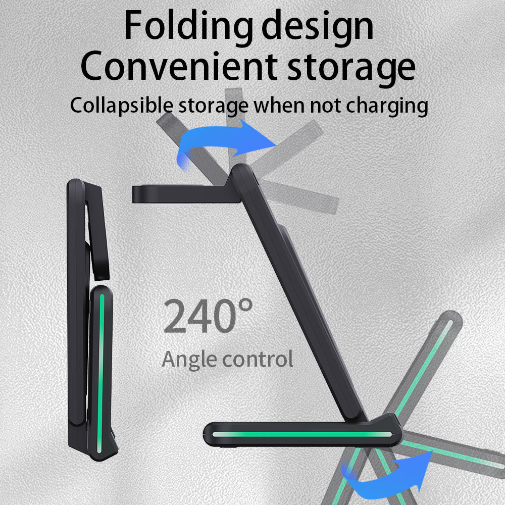 H28 Folding Multifunctional 5-in-1 15W Wireless Charger Phone Earphone Watch Charging Stand with Light Function
