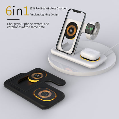 Y36 6-in-1 15W Folding Wireless Charger Night Light Phone Earphone Watch Fast Charging Dock Station