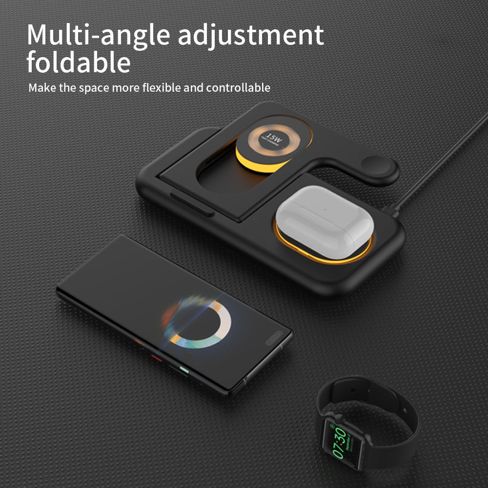 Y36 6-in-1 15W Folding Wireless Charger Night Light Phone Earphone Watch Fast Charging Dock Station