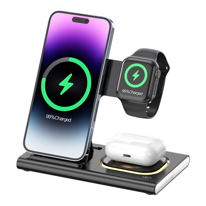 JJT-A80 3-in-1 Desktop Foldable Wireless Charger Phone Watch Earphone Charging Stand with Night Light