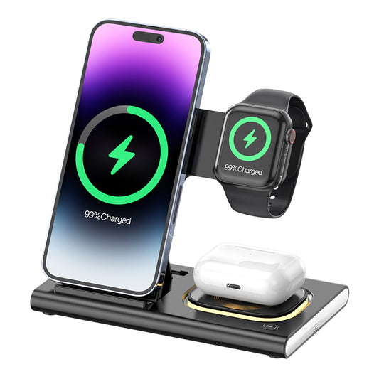 JJT-A80 3-in-1 Desktop Foldable Wireless Charger Phone Watch Earphone Charging Stand with Night Light
