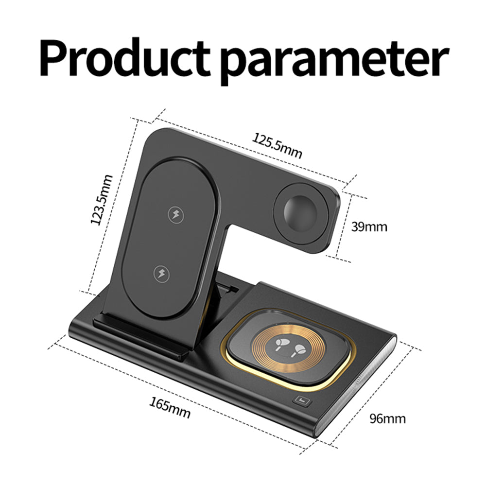 JJT-A80 3-in-1 Desktop Foldable Wireless Charger Phone Watch Earphone Charging Stand with Night Light
