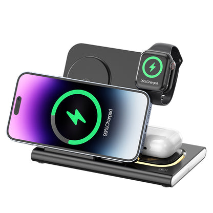JJT-A80 3-in-1 Desktop Foldable Wireless Charger Phone Watch Earphone Charging Stand with Night Light
