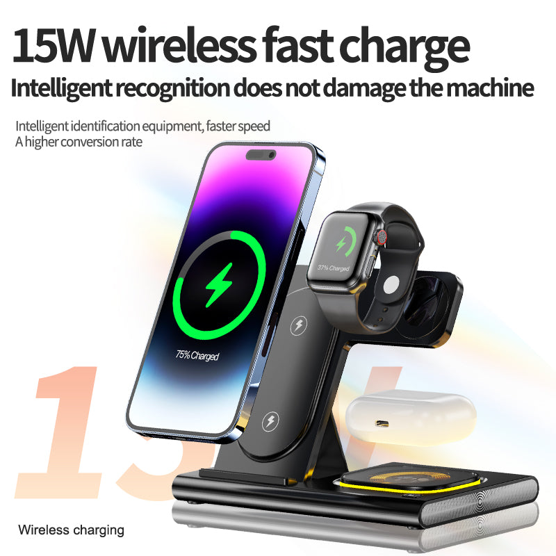 JJT-A80 3-in-1 Desktop Foldable Wireless Charger Phone Watch Earphone Charging Stand with Night Light