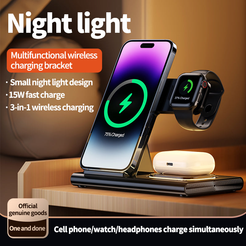 JJT-A80 3-in-1 Desktop Foldable Wireless Charger Phone Watch Earphone Charging Stand with Night Light