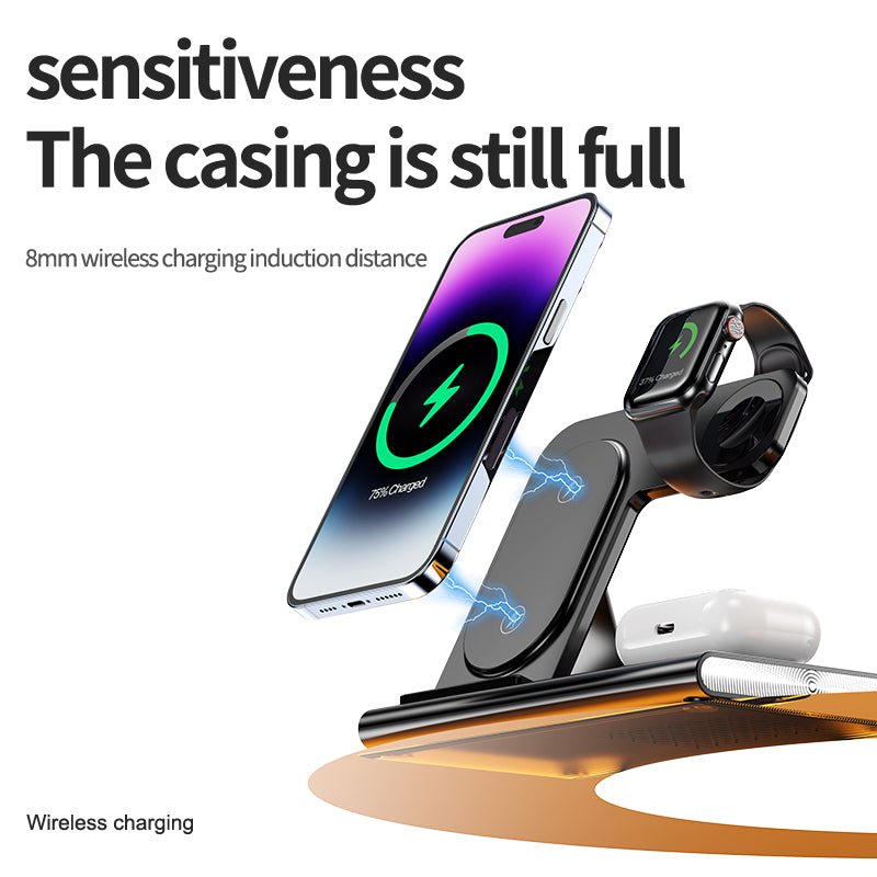 JJT-A80 3-in-1 Desktop Foldable Wireless Charger Phone Watch Earphone Charging Stand with Night Light