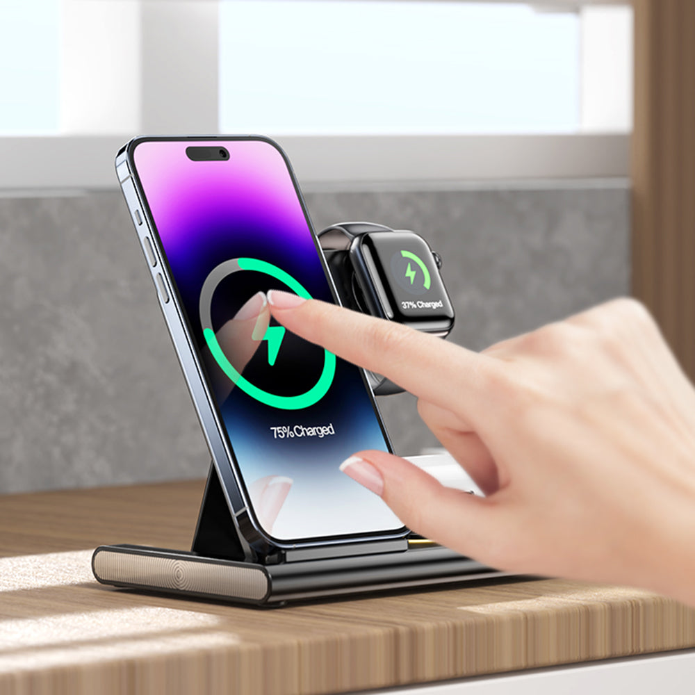 JJT-A80 3-in-1 Desktop Foldable Wireless Charger Phone Watch Earphone Charging Stand with Night Light