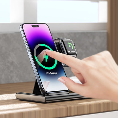 JJT-A80 3-in-1 Desktop Foldable Wireless Charger Phone Watch Earphone Charging Stand with Night Light