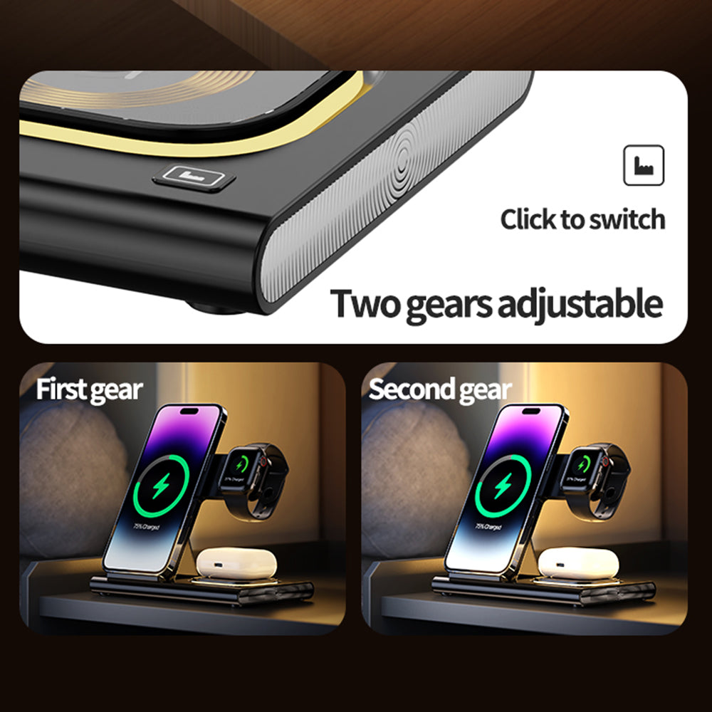 JJT-A80 3-in-1 Desktop Foldable Wireless Charger Phone Watch Earphone Charging Stand with Night Light