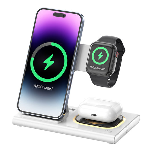 JJT-A80 3-in-1 Desktop Foldable Wireless Charger Phone Watch Earphone Charging Stand with Night Light