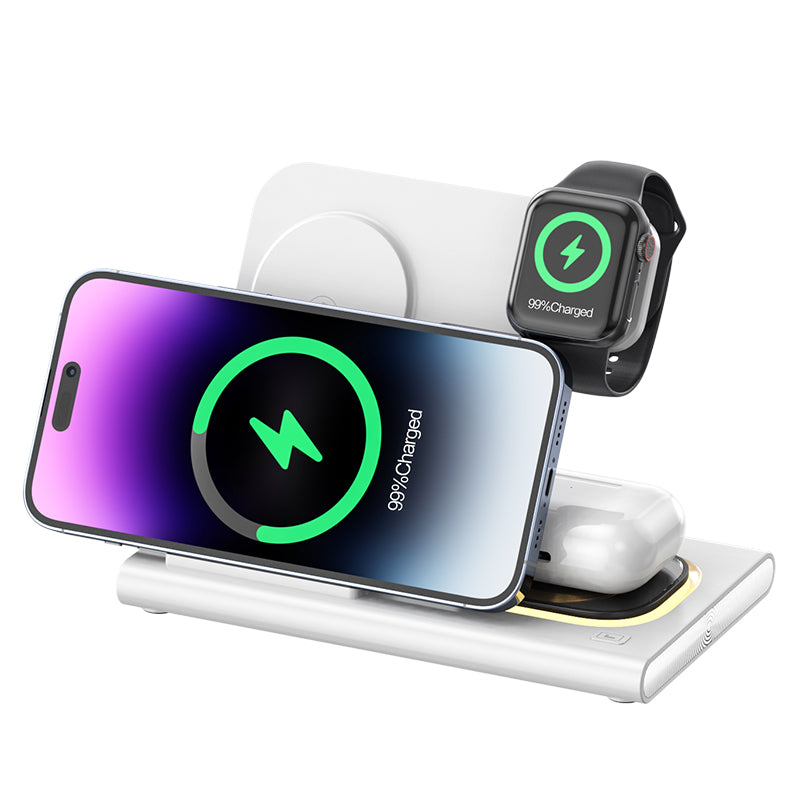 JJT-A80 3-in-1 Desktop Foldable Wireless Charger Phone Watch Earphone Charging Stand with Night Light