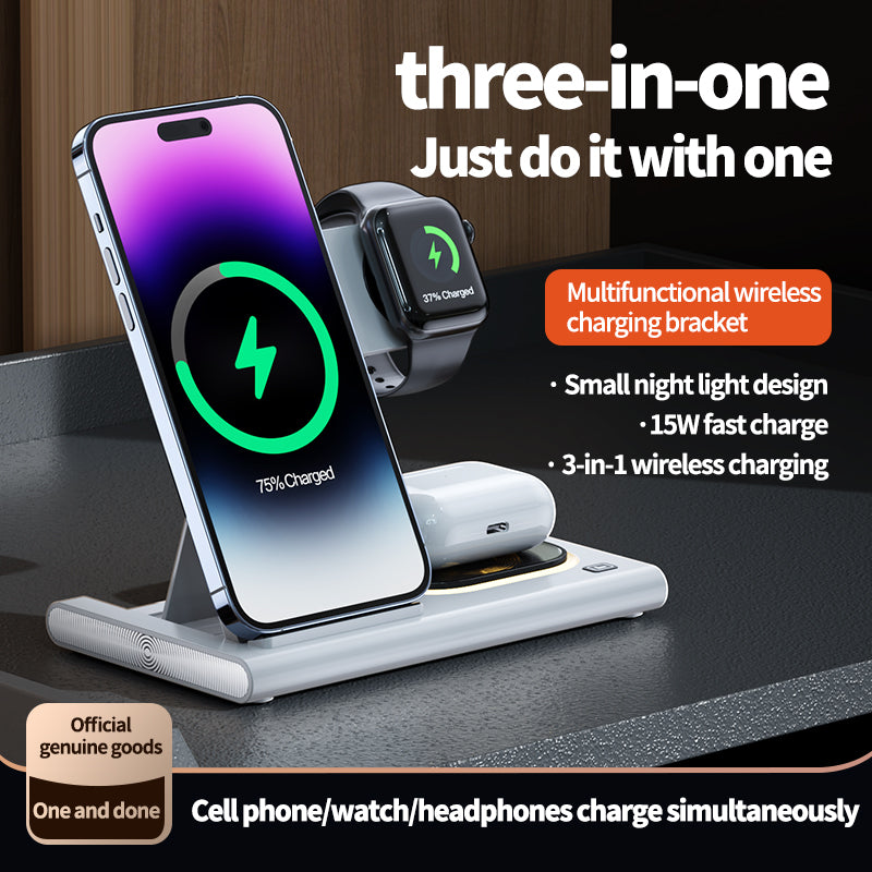 JJT-A80 3-in-1 Desktop Foldable Wireless Charger Phone Watch Earphone Charging Stand with Night Light