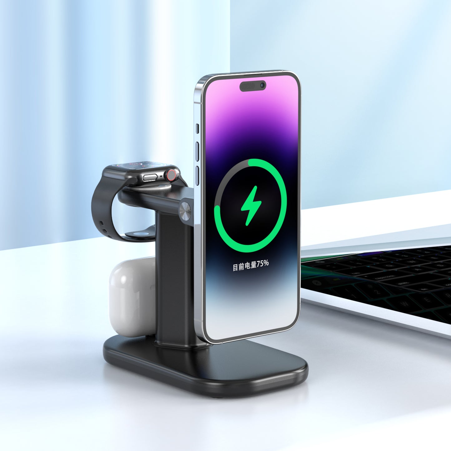 JJT-A70 3-in-1 15W Magnetic Rotatable Wireless Charger Watch Headset Phone Desktop Charging Stand