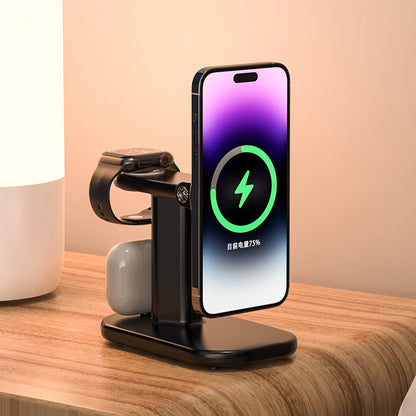 JJT-A70 3-in-1 15W Magnetic Rotatable Wireless Charger Watch Headset Phone Desktop Charging Stand