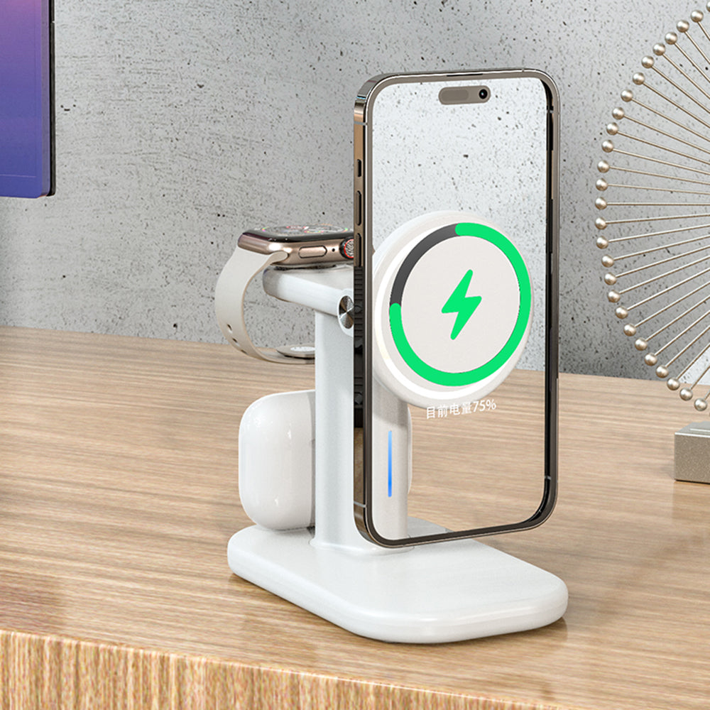 JJT-A70 3-in-1 15W Magnetic Rotatable Wireless Charger Watch Headset Phone Desktop Charging Stand