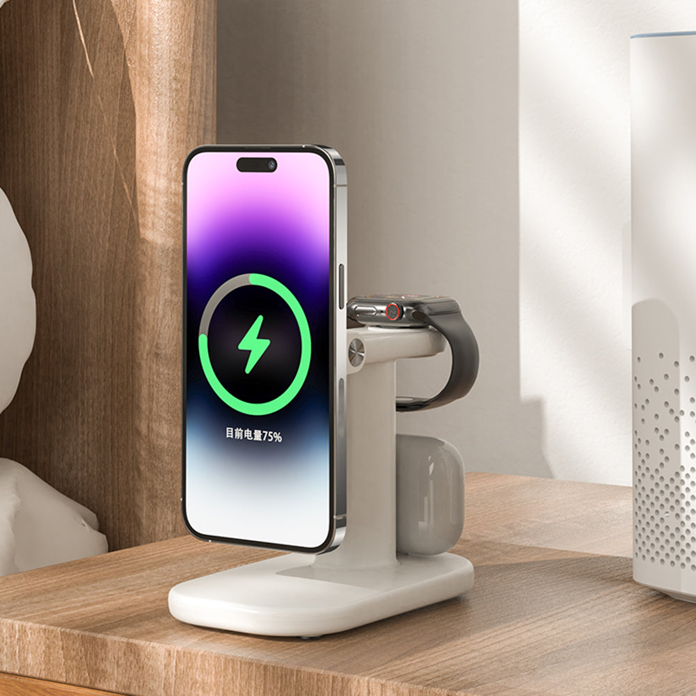 JJT-A70 3-in-1 15W Magnetic Rotatable Wireless Charger Watch Headset Phone Desktop Charging Stand