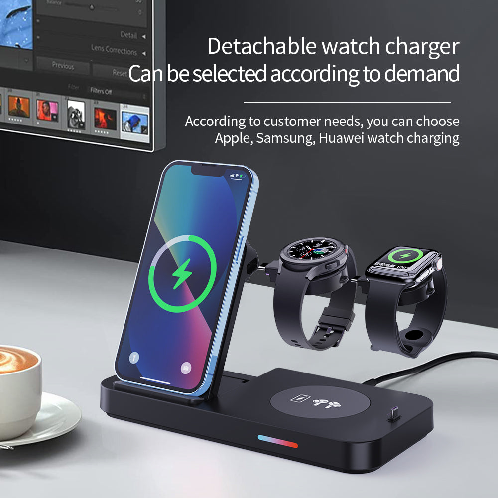 B-19 4-in-1 Magnetic Wireless Charger 15W Charging Watch Earphone Phone Desktop Charging Dock