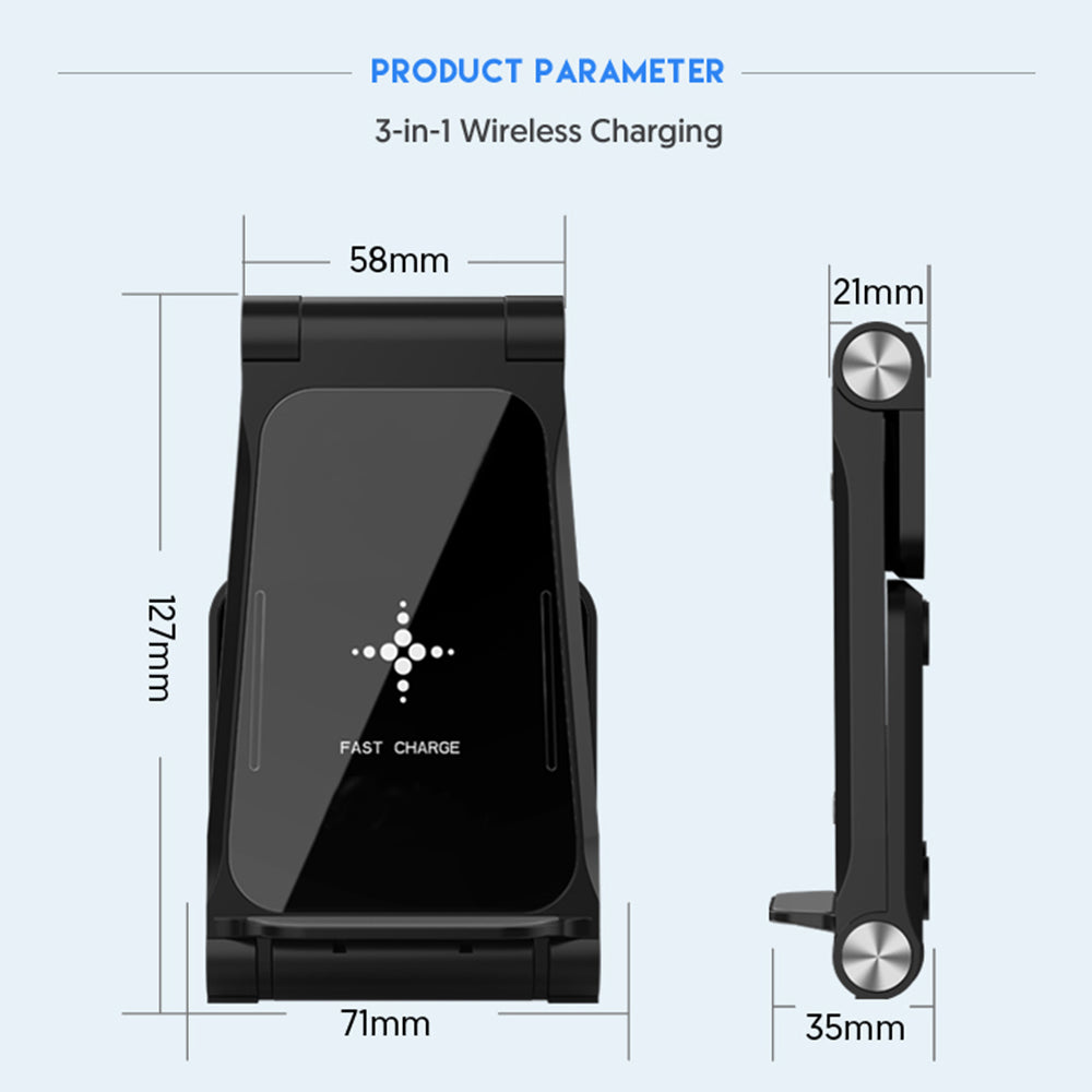 T8 Desktop Folding Wireless Charger 3-in-1 Portable Charging Stand 15W Fast Charging Mobile Phone Wireless Charger
