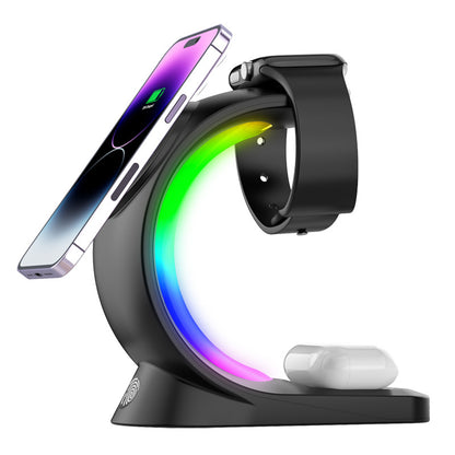 T17 3-in-1 RGB Light Magnetic Wireless Charger for iPhone 12 / 13 / 14 / 15 Series Desktop Fast Charging Stand Compatible with MagSafe