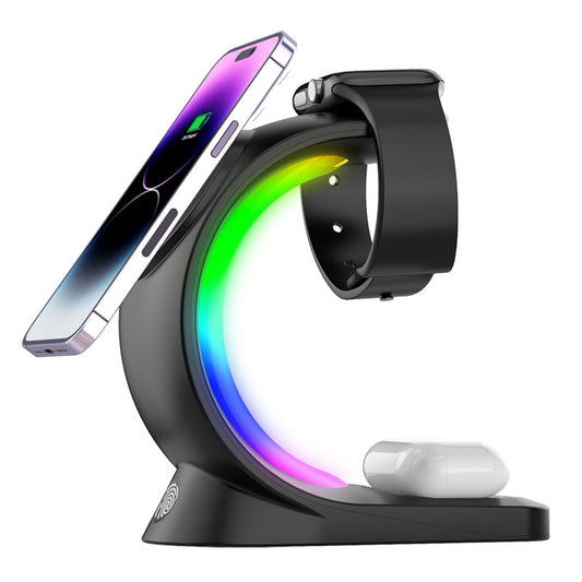 T17 3-in-1 RGB Light Magnetic Wireless Charger for iPhone 12 / 13 / 14 / 15 Series Desktop Fast Charging Stand Compatible with MagSafe