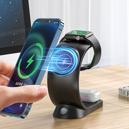 T17 3-in-1 RGB Light Magnetic Wireless Charger for iPhone 12 / 13 / 14 / 15 Series Desktop Fast Charging Stand Compatible with MagSafe