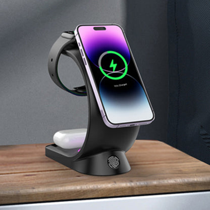 T17 3-in-1 RGB Light Magnetic Wireless Charger for iPhone 12 / 13 / 14 / 15 Series Desktop Fast Charging Stand Compatible with MagSafe