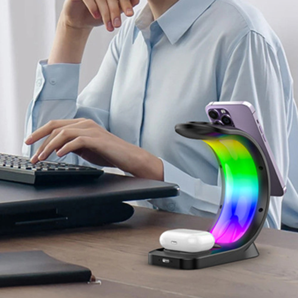 T17 3-in-1 RGB Light Magnetic Wireless Charger for iPhone 12 / 13 / 14 / 15 Series Desktop Fast Charging Stand Compatible with MagSafe