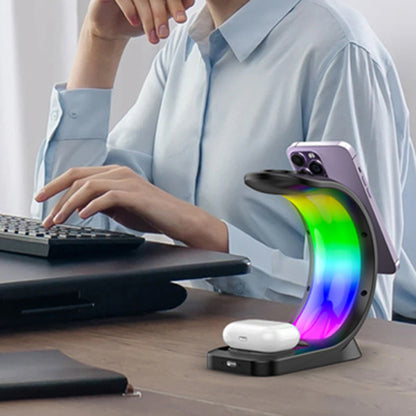 T17 3-in-1 RGB Light Magnetic Wireless Charger for iPhone 12 / 13 / 14 / 15 Series Desktop Fast Charging Stand Compatible with MagSafe