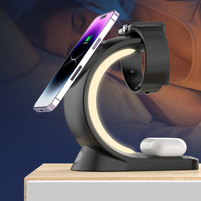 T17 3-in-1 RGB Light Magnetic Wireless Charger for iPhone 12 / 13 / 14 / 15 Series Desktop Fast Charging Stand Compatible with MagSafe