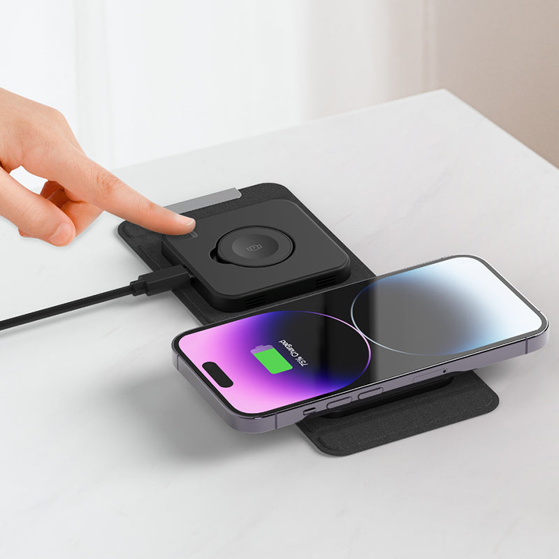 F27 15W 2-in-1 Mobile Phone Magnetic Wireless Charger Slim Portable Folding Charging Station for Earbuds, Watch