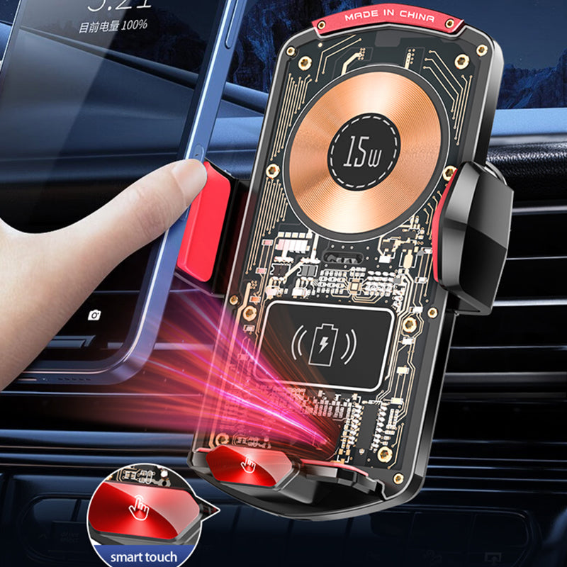 A6 15W Intelligent Magnetic Wireless Charger Phone Mount Automatic Clamping Car Phone Holder with RGB Dazzling Lights