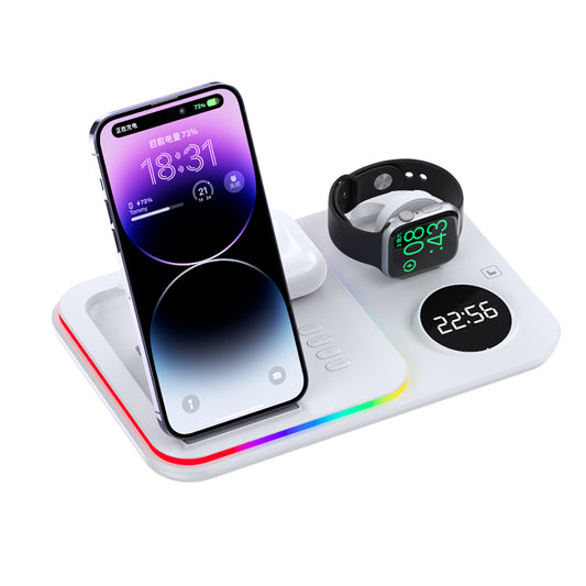 JJT-A82 Folding Cell Phone Wireless Charger RGB Lights Multifunction Headphone Watch Charging Station with Clock